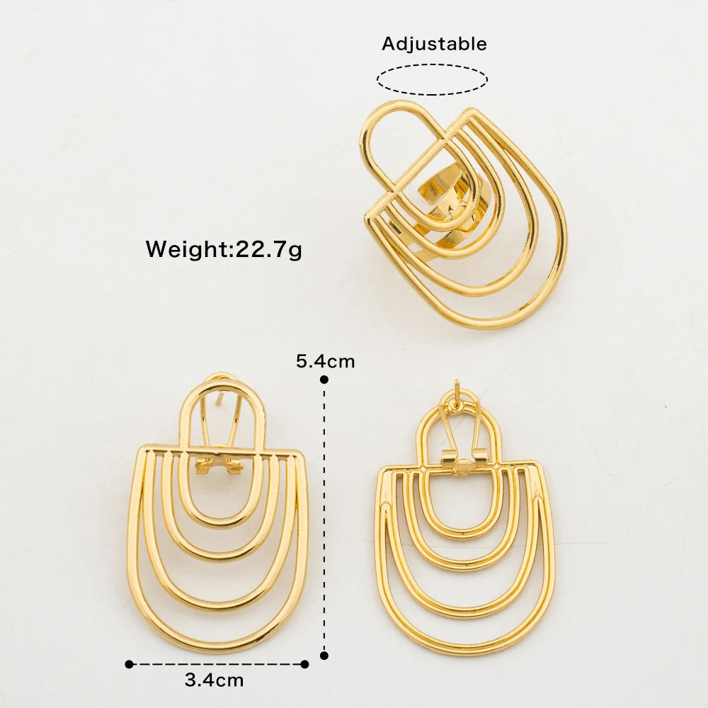 4sets Earrings with Ring Luxury Dubai African Gold Color Jewelry Sets for Women Weddings Bride Party Geometry Jewellry Accessory