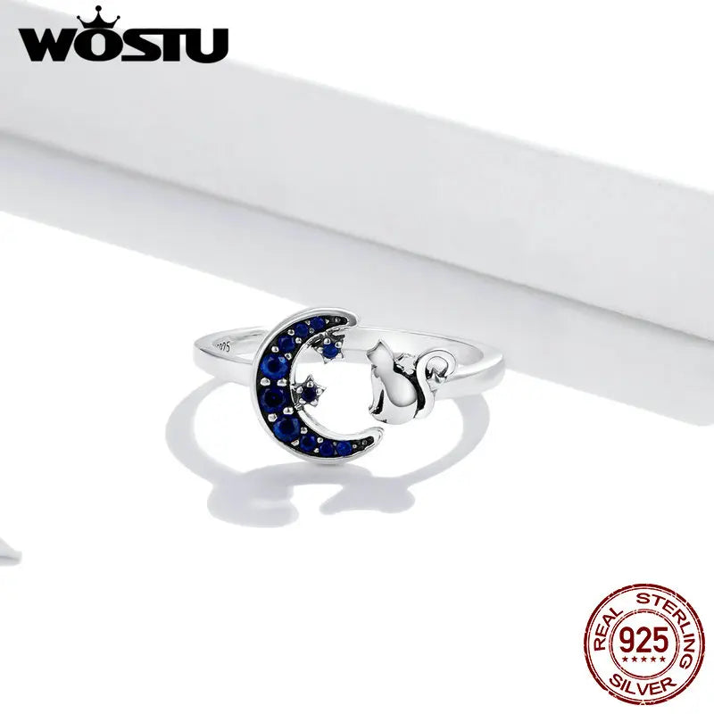 Moon & Cat Sterling Silver Ring | Blue Zircon Adjustable Animal Design | USA