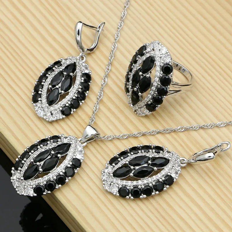 Vintage Punk Women 925 Silver Jewelry Sets Black Stone Hyperbole Design Earrings Fashion Suit Necklace Sets Dropshipping