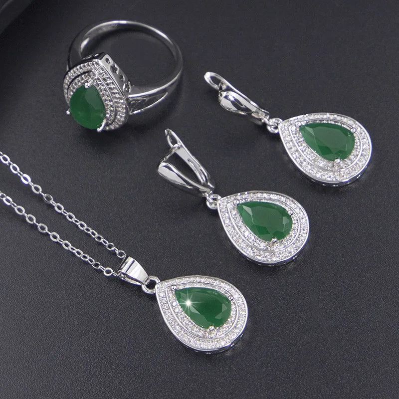 925 Sterling Silver Green Stone Jewelry Set | Zirconia Necklace Earrings Bracelet Ring | USA