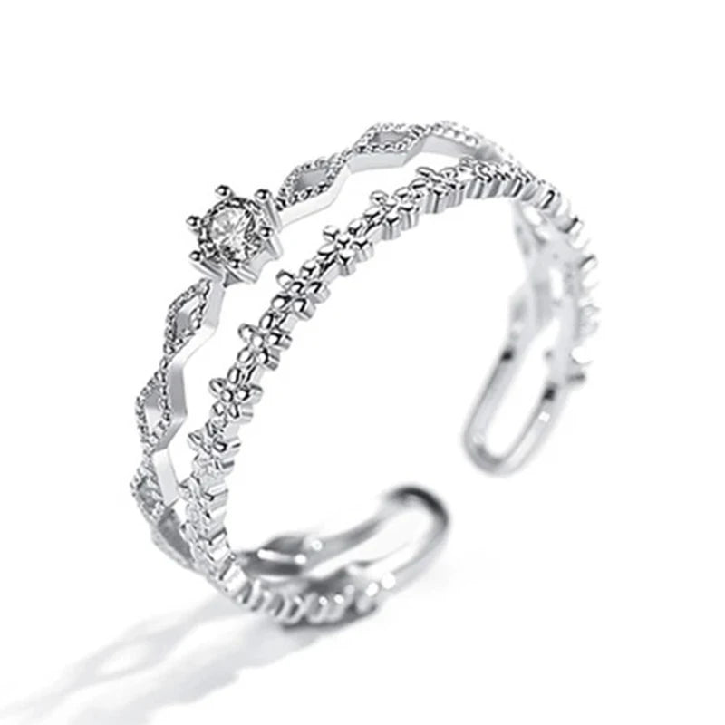 Sterling Silver Flower Lace Ring | CZ Adjustable Korean Fashion | Women | USA
