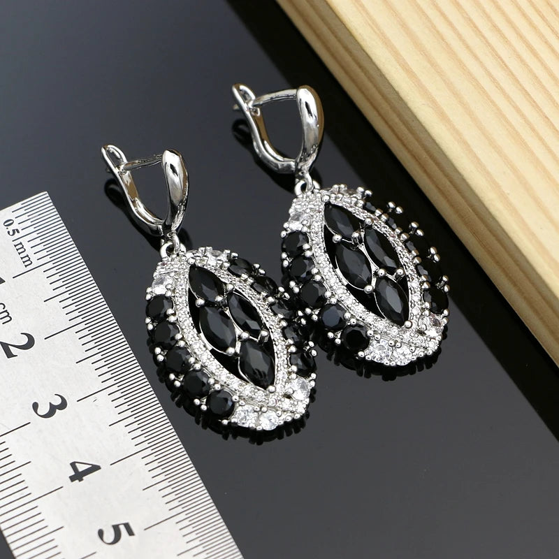 Vintage Punk Women 925 Silver Jewelry Sets Black Stone Hyperbole Design Earrings Fashion Suit Necklace Sets Dropshipping