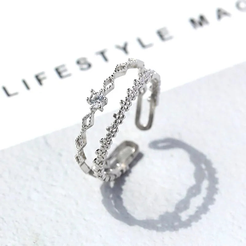 Sterling Silver Flower Lace Ring | CZ Adjustable Korean Fashion | Women | USA