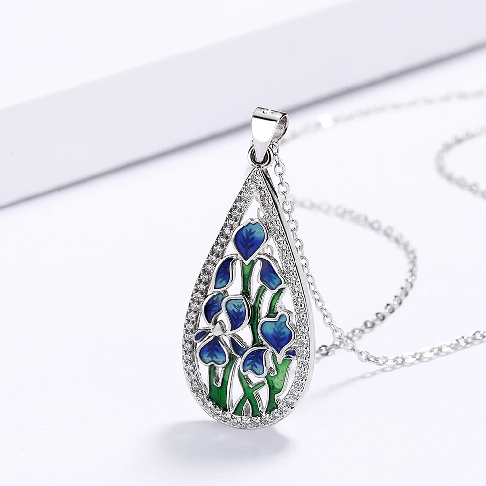 925 Silver Blue Flower Enamel Necklace | Handmade Pendant | USA Australia