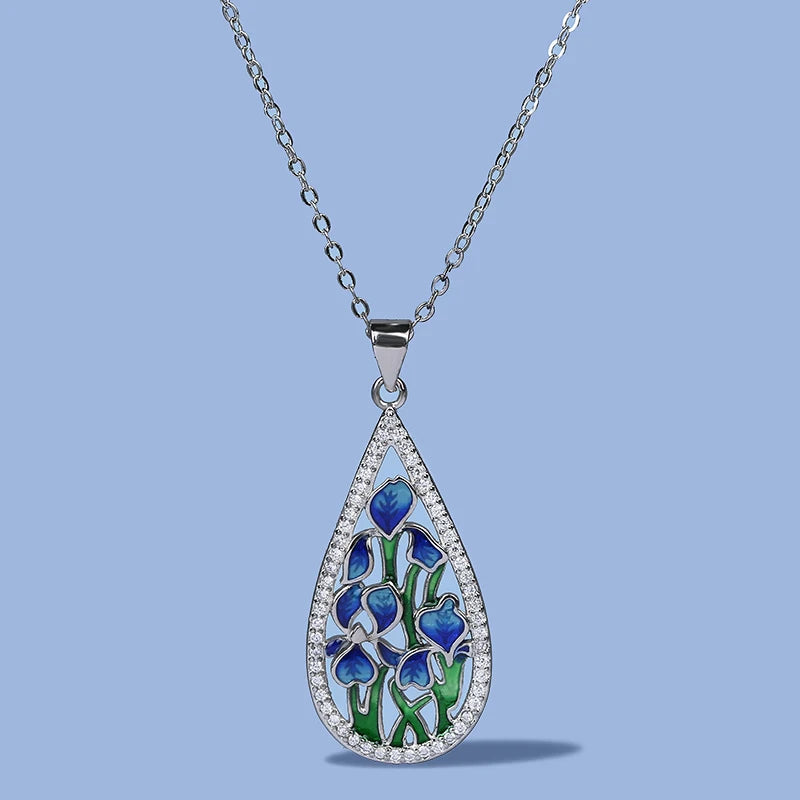 925 Silver Blue Flower Enamel Necklace | Handmade Pendant | USA Australia