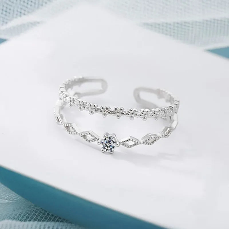Sterling Silver Flower Lace Ring | CZ Adjustable Korean Fashion | Women | USA