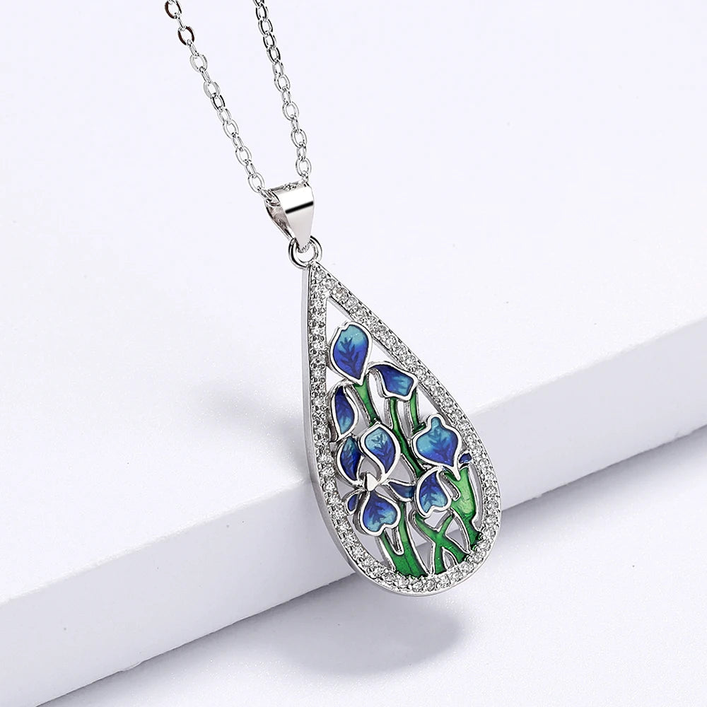 925 Silver Blue Flower Enamel Necklace | Handmade Pendant | USA Australia
