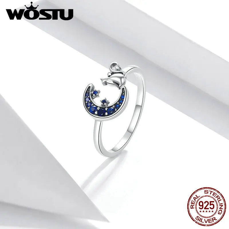 Moon & Cat Sterling Silver Ring | Blue Zircon Adjustable Animal Design | USA