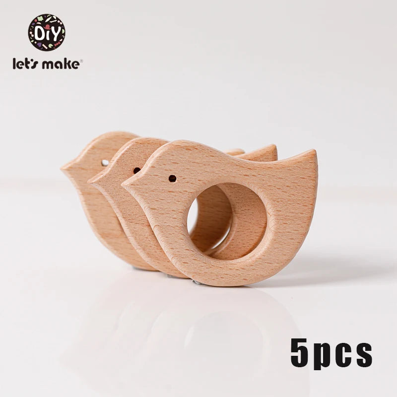 5-Pack Wooden Teether Set | BPA Free Animal Shapes | Hedgehog & Bird | USA