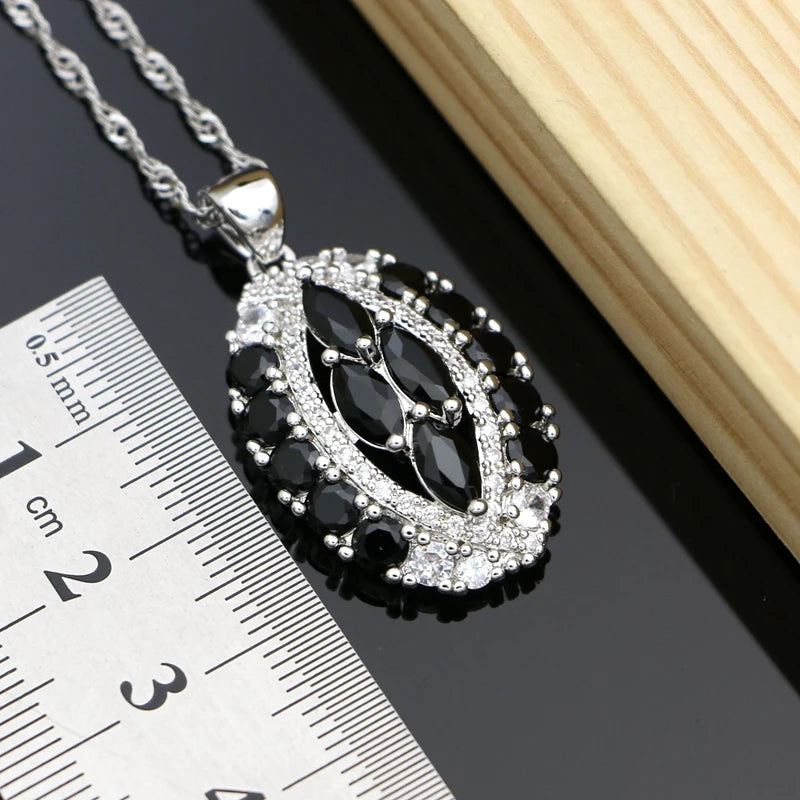 Vintage Punk Women 925 Silver Jewelry Sets Black Stone Hyperbole Design Earrings Fashion Suit Necklace Sets Dropshipping