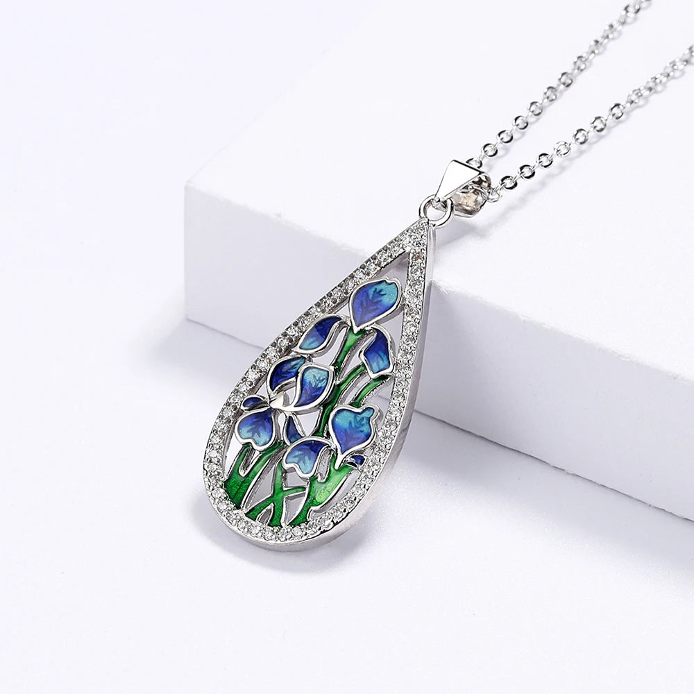 925 Silver Blue Flower Enamel Necklace | Handmade Pendant | USA Australia