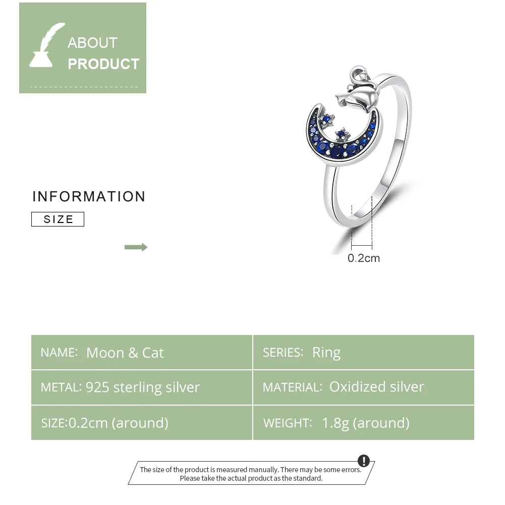 Moon & Cat Sterling Silver Ring | Blue Zircon Adjustable Animal Design | USA