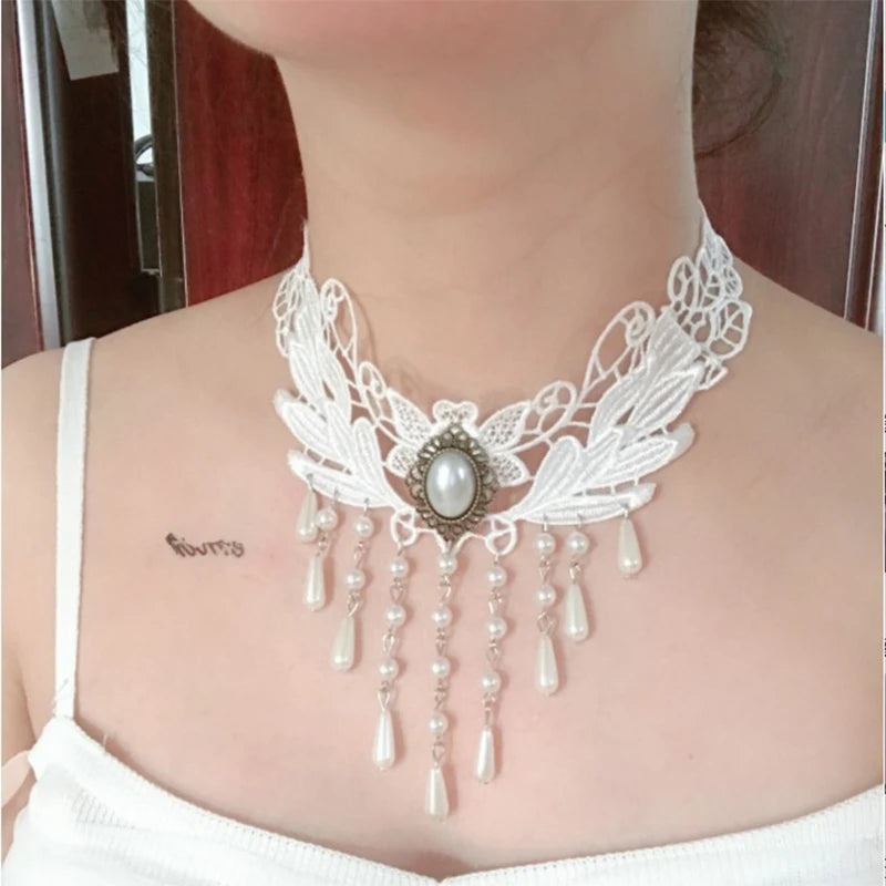 Imitation Pearl White Lace Choker | Bridal Wedding Tattoo Tassel | Women