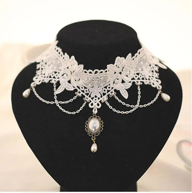 Imitation Pearl White Lace Choker | Bridal Wedding Tattoo Tassel | Women