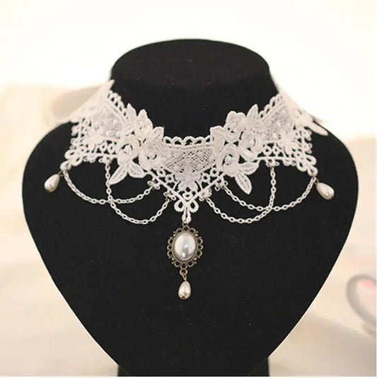 Imitation Pearl White Lace Choker | Bridal Wedding Tattoo Tassel | Women