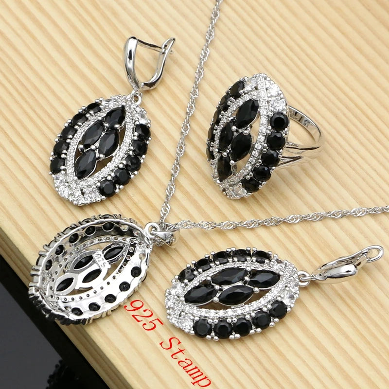 Vintage Punk Women 925 Silver Jewelry Sets Black Stone Hyperbole Design Earrings Fashion Suit Necklace Sets Dropshipping
