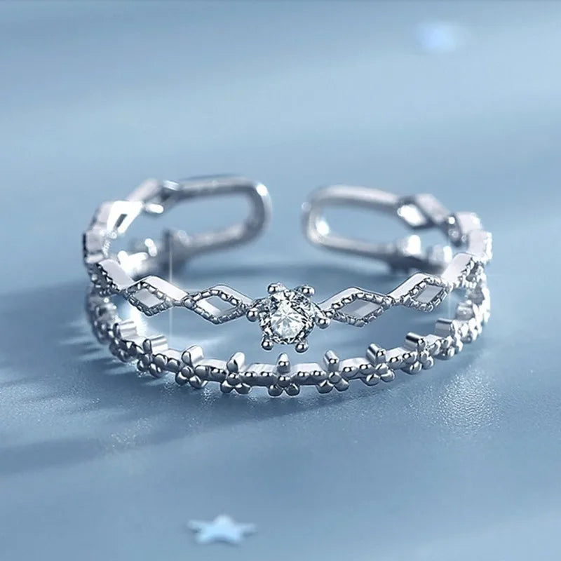 Sterling Silver Flower Lace Ring | CZ Adjustable Korean Fashion | Women | USA