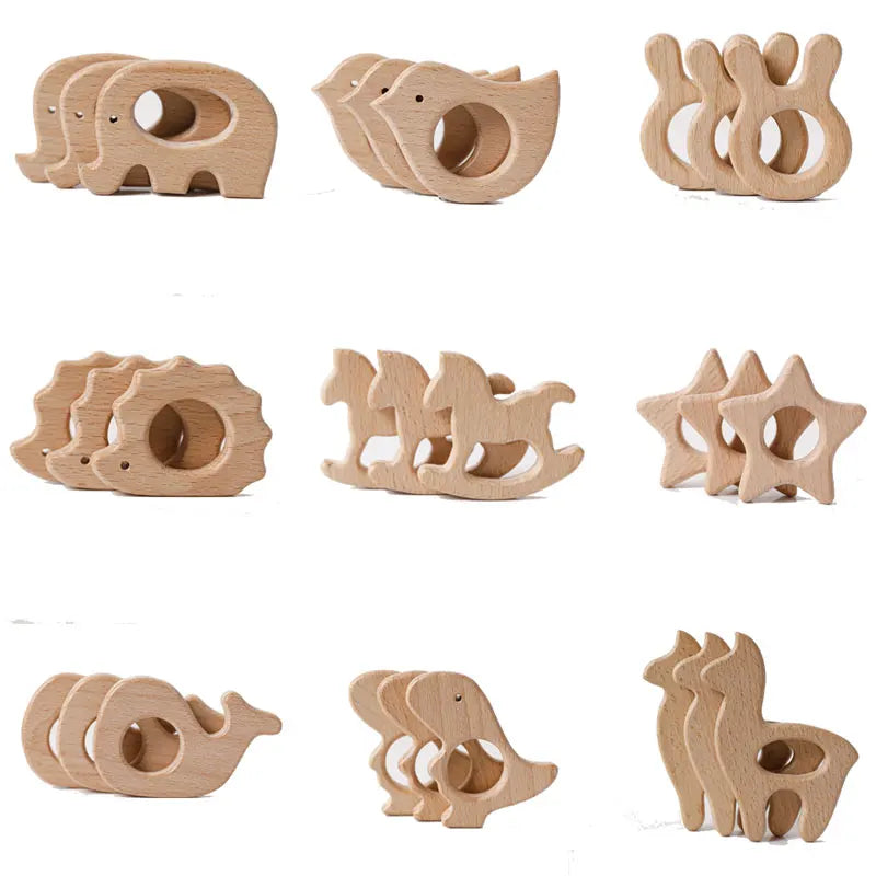 5-Pack Wooden Teether Set | BPA Free Animal Shapes | Hedgehog & Bird | USA