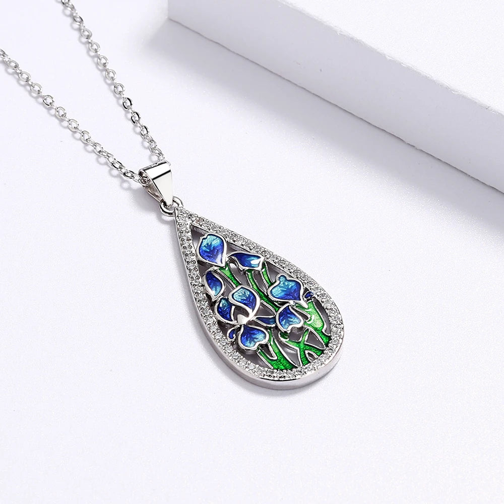 925 Silver Blue Flower Enamel Necklace | Handmade Pendant | USA Australia