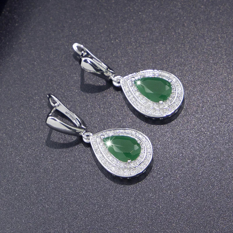 925 Sterling Silver Green Stone Jewelry Set | Zirconia Necklace Earrings Bracelet Ring | USA