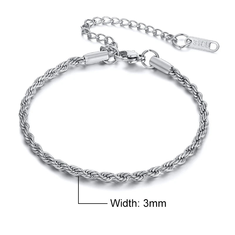 Unisex Rope Chain Bracelet | Stainless Steel Twisted Links | Women Men | USA