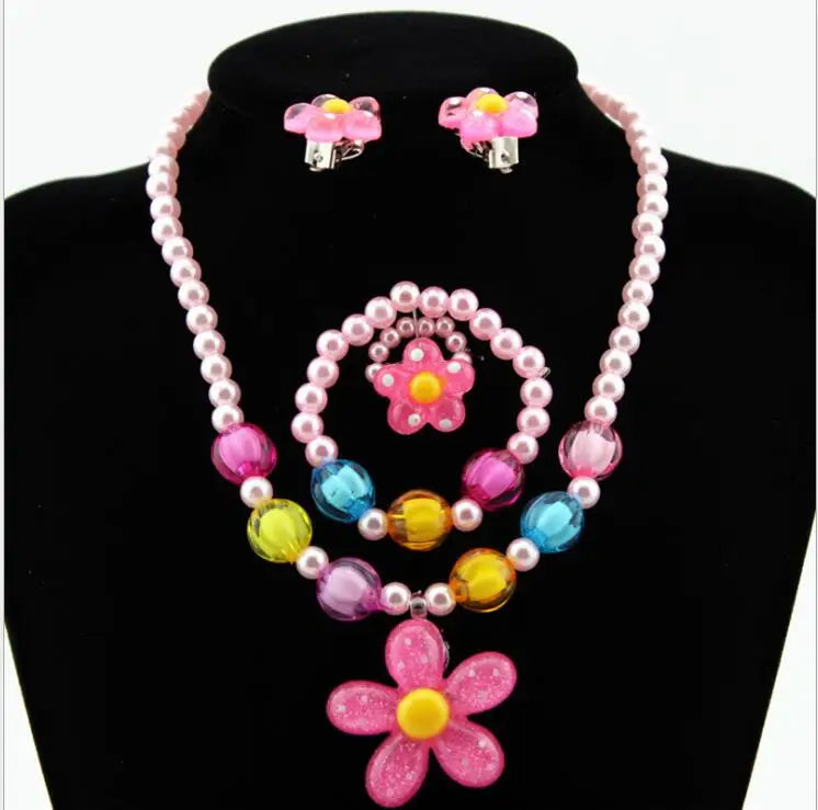 Pearl Pink Flower Jewelry Set for Girls | Necklace Ring Earring Bracelet | USA