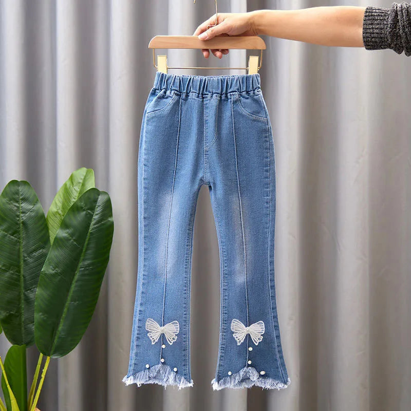 2024 Autumn Elastic Kids Jeans | Girls Cute Bow Denim Flared Pants | Ages 3-12 | USA