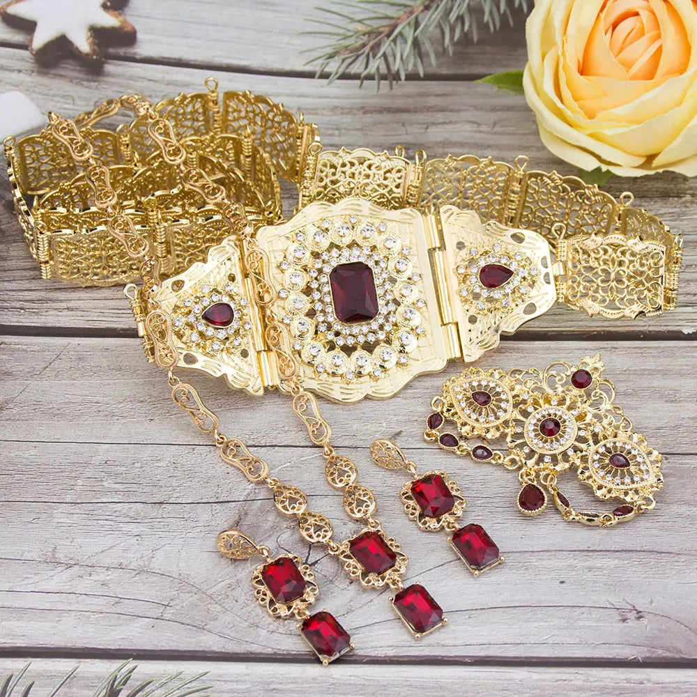 Sunspicems Gold Color Crystal Morocco Bride Jewelry Sets For Women Caftan Belt Waist Chain Charm Choker Necklace Square Earrings