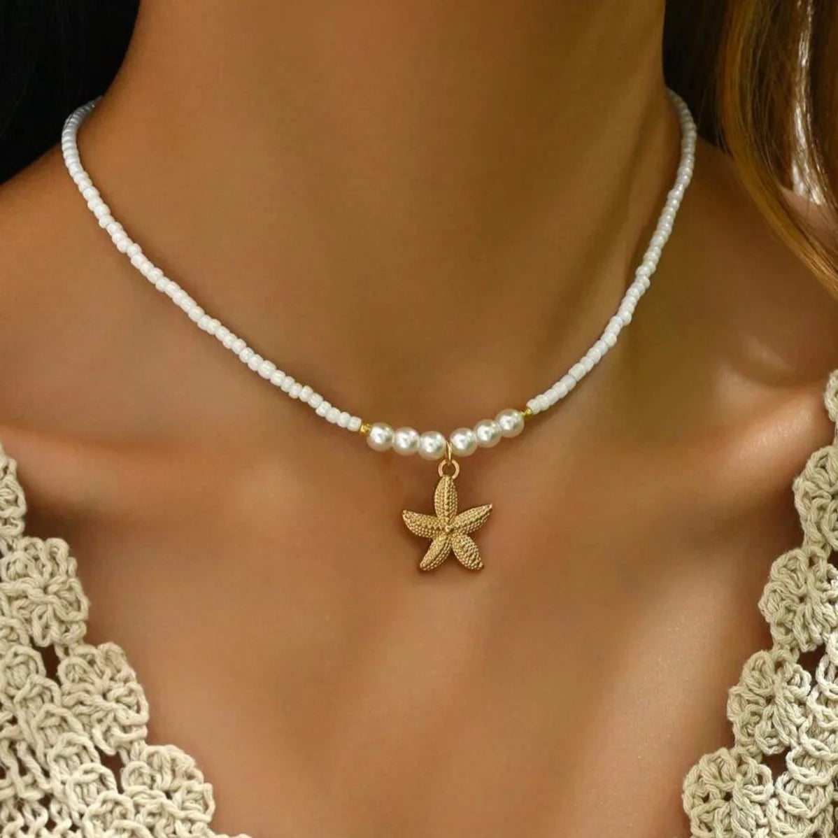 Bohemian Starfish Beach Necklace for Women | Pearl Beaded Choker | Summer | USA