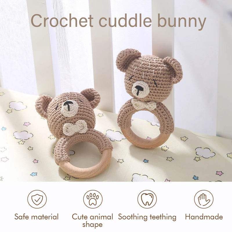 Crochet Bunny Rattle Teether | Wooden Ring Baby Gym Mobile | USA Australia