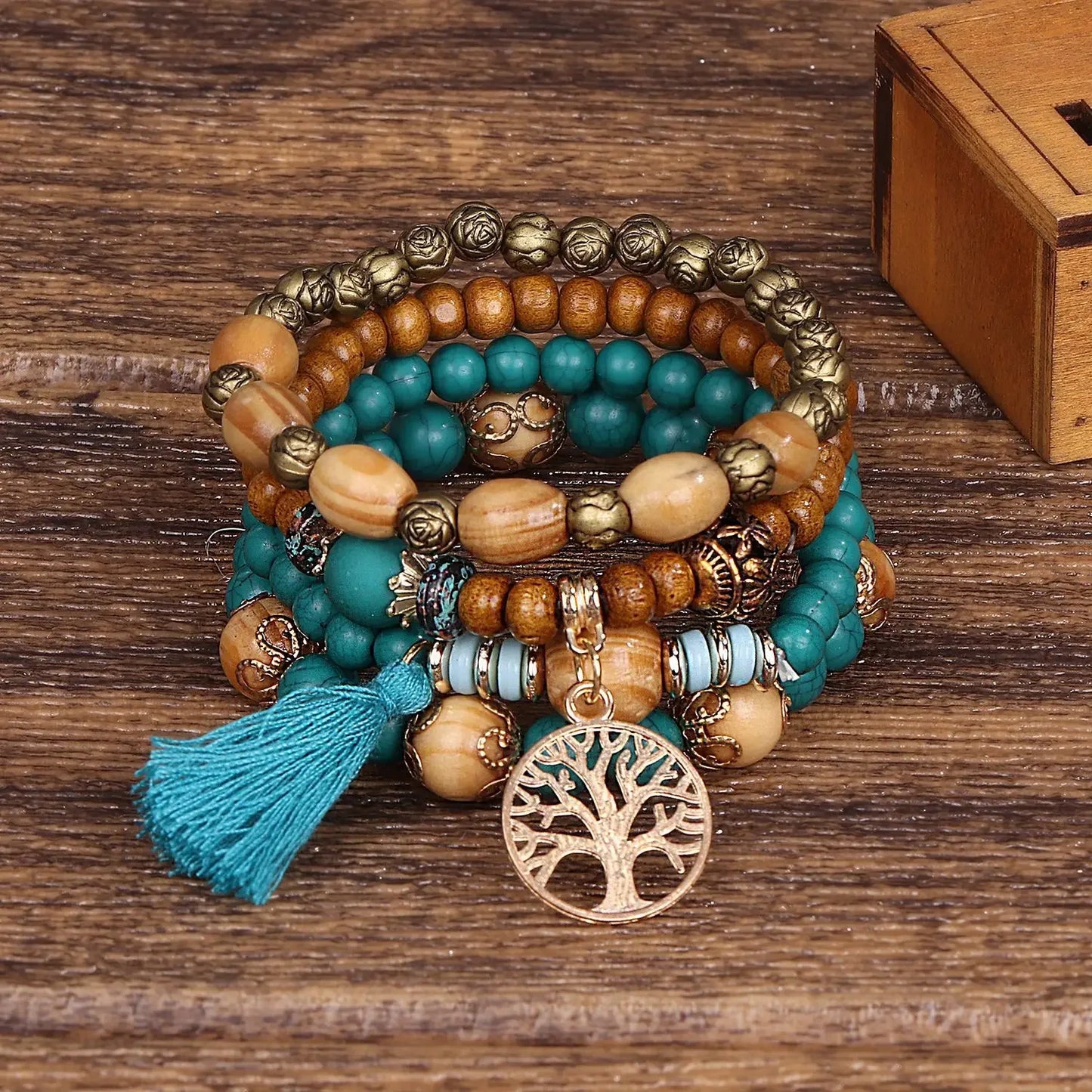 4-Piece Tree of Life Bracelet Set | Wooden Beaded Boho Bangles | USA Australia