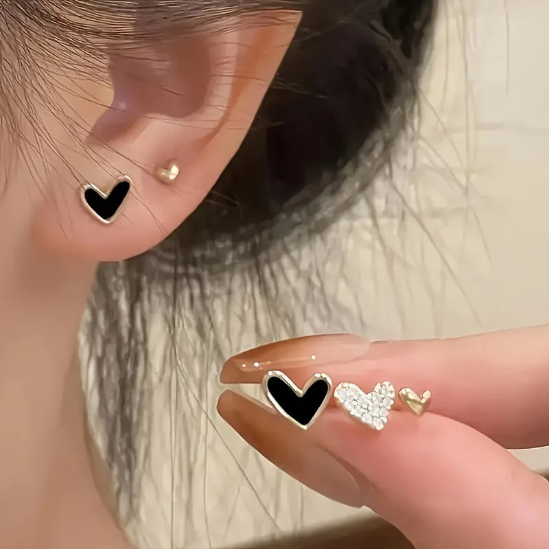 Rhinestone Heart Stud Earrings - Black & White Enamel Charm