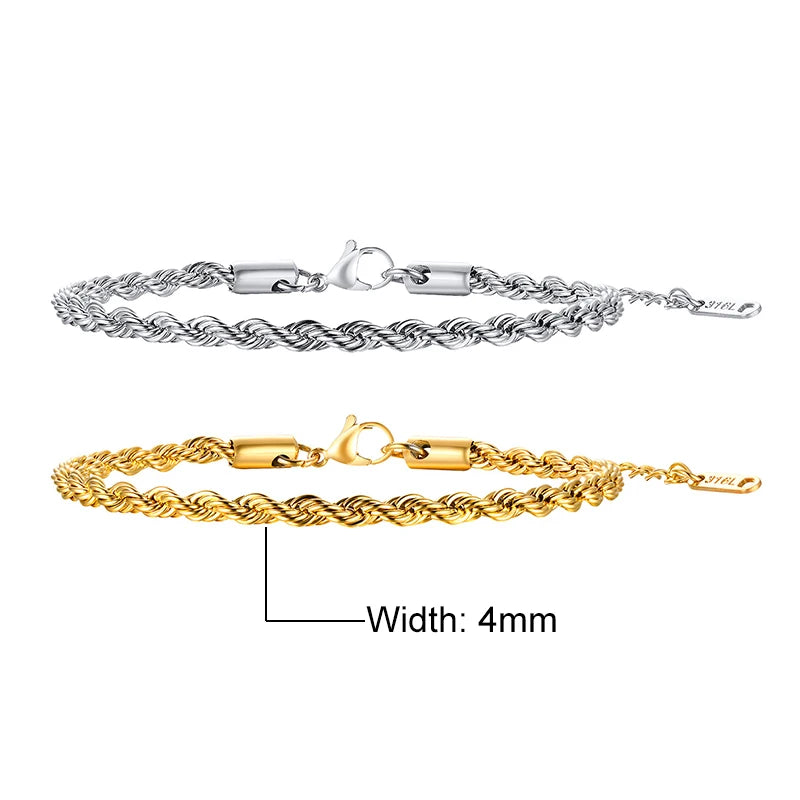 Unisex Rope Chain Bracelet | Stainless Steel Twisted Links | Women Men | USA