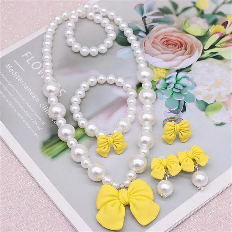 Bow Pearl Jewelry Set for Girls | Necklace Bracelet Earrings Ring | Student | USA