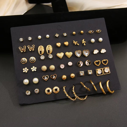 40-Piece Gold Earring Set - Vintage Butterfly Heart Pearl Crystal Studs