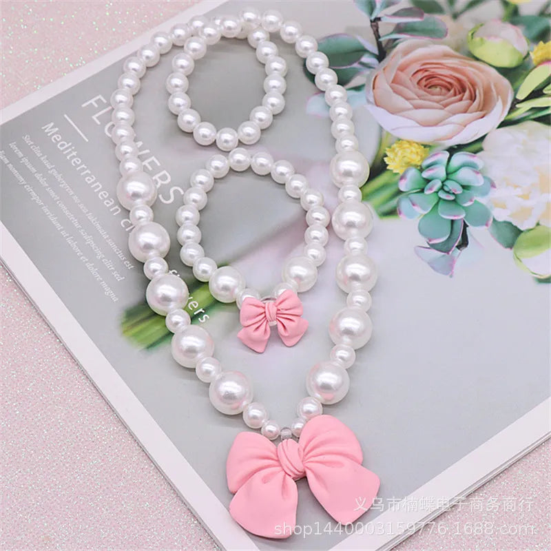 Bow Pearl Jewelry Set for Girls | Necklace Bracelet Earrings Ring | Student | USA