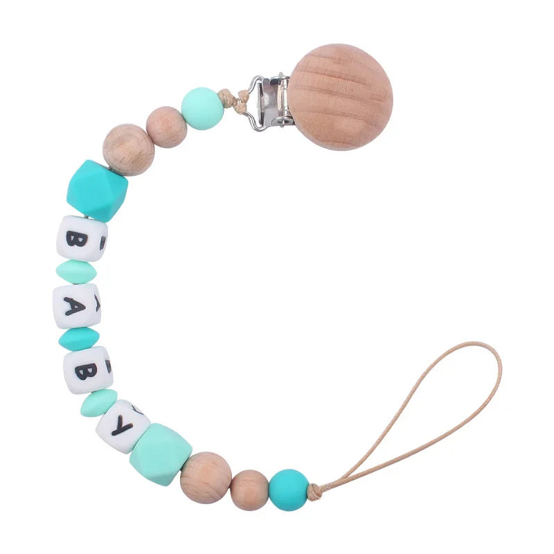 Custom Name Pacifier Holder Chain | Wooden Clip Silicone Teether | USA Australia