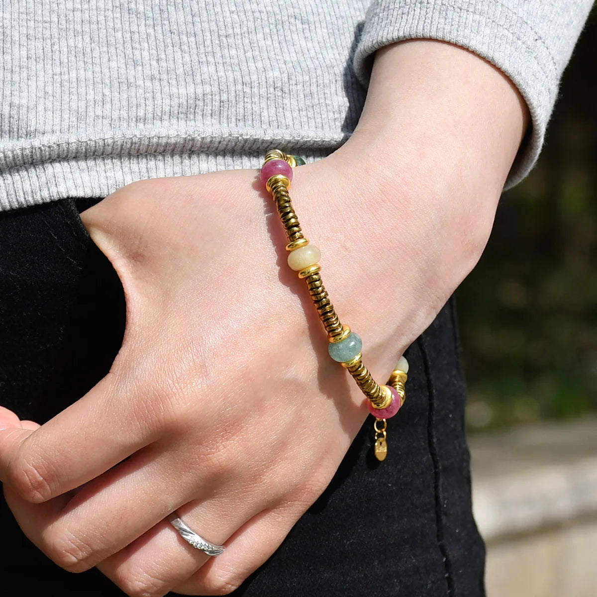 Natural Stone Beaded Bracelet | Colorful Bohemian Gold Chain | Women | USA