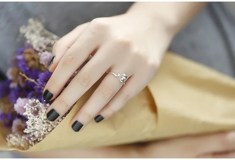 Cute Cat Sterling Silver Ring | Adjustable Animal Design | Women | USA Australia