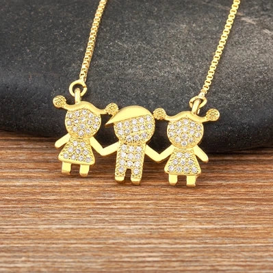 Nidin Gold Plated Family Pendant Necklace | AAA CZ Crystal Kids Jewelry | USA