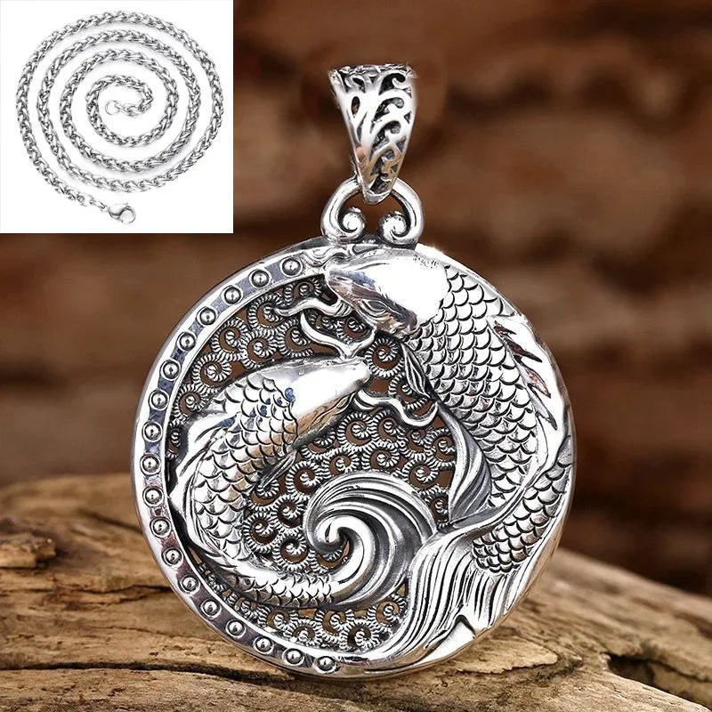 925 Silver National Style Glossy Double Fish Necklace for Men and Women New in Hollow Out Round Pendant Creative Vintage Jewelry