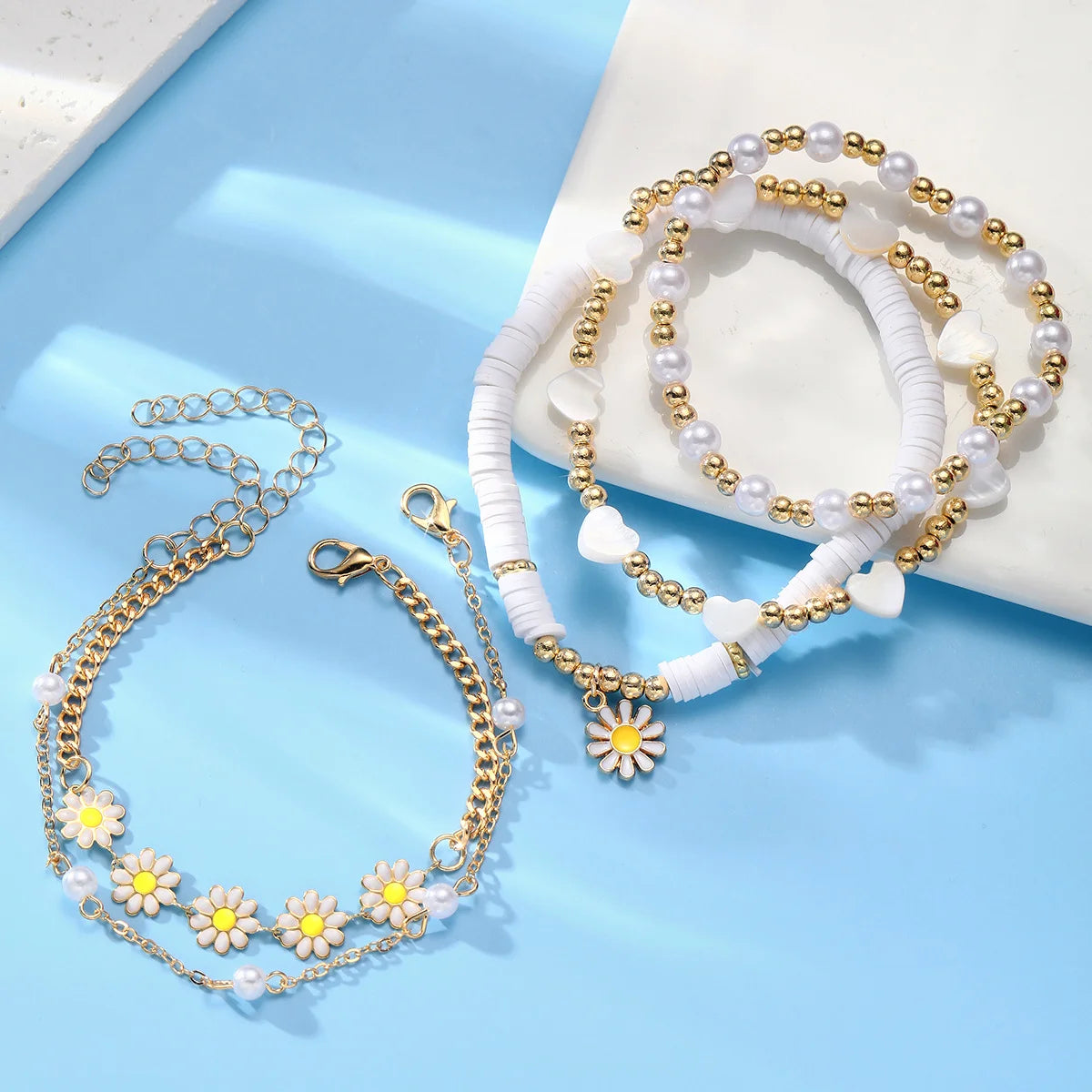 10-Piece Vintage Bohemian Bracelet Set | Daisy Flower Pearl Bangles | USA