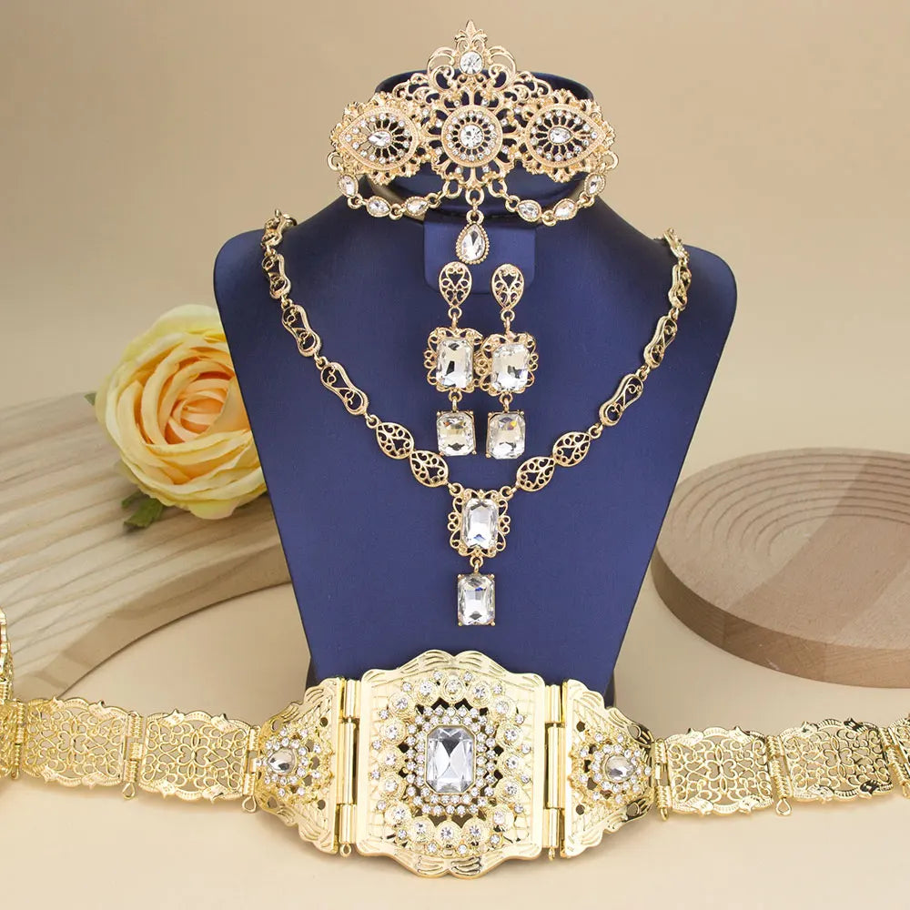 Sunspicems Gold Color Crystal Morocco Bride Jewelry Sets For Women Caftan Belt Waist Chain Charm Choker Necklace Square Earrings