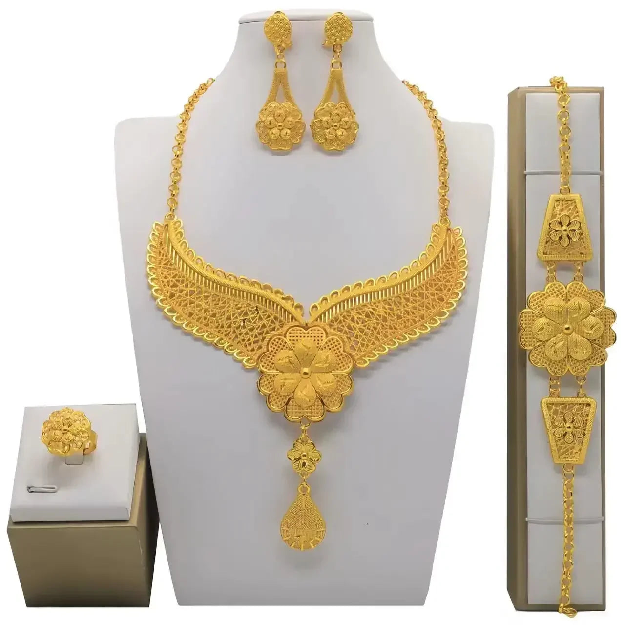 Luxury Dubai Gold Wedding Jewelry Set | African Bridal Gift 4-Piece | USA Australia