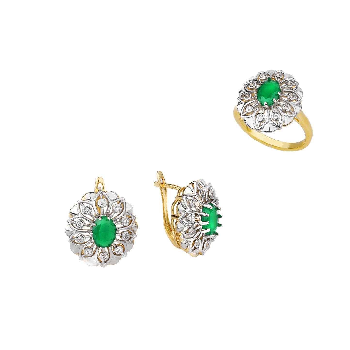 Floral Style Inlaid Main Green Zircon Fashion Jewelry Sets Women's Earrings Ring Copper plating 2 Color 14K Gold For Luxury Gift