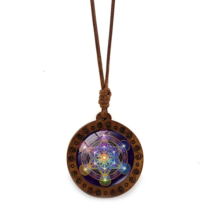 Vintage Archangel Metatron Cube Wooden Necklace | Sacred Geometry