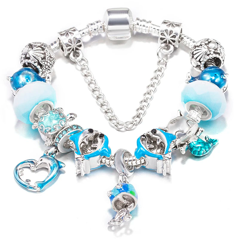 Blue Ocean Turtle Charm Bracelet | Starfish Dolphin Beads | Women Kids | USA