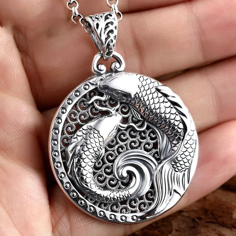 925 Silver National Style Glossy Double Fish Necklace for Men and Women New in Hollow Out Round Pendant Creative Vintage Jewelry
