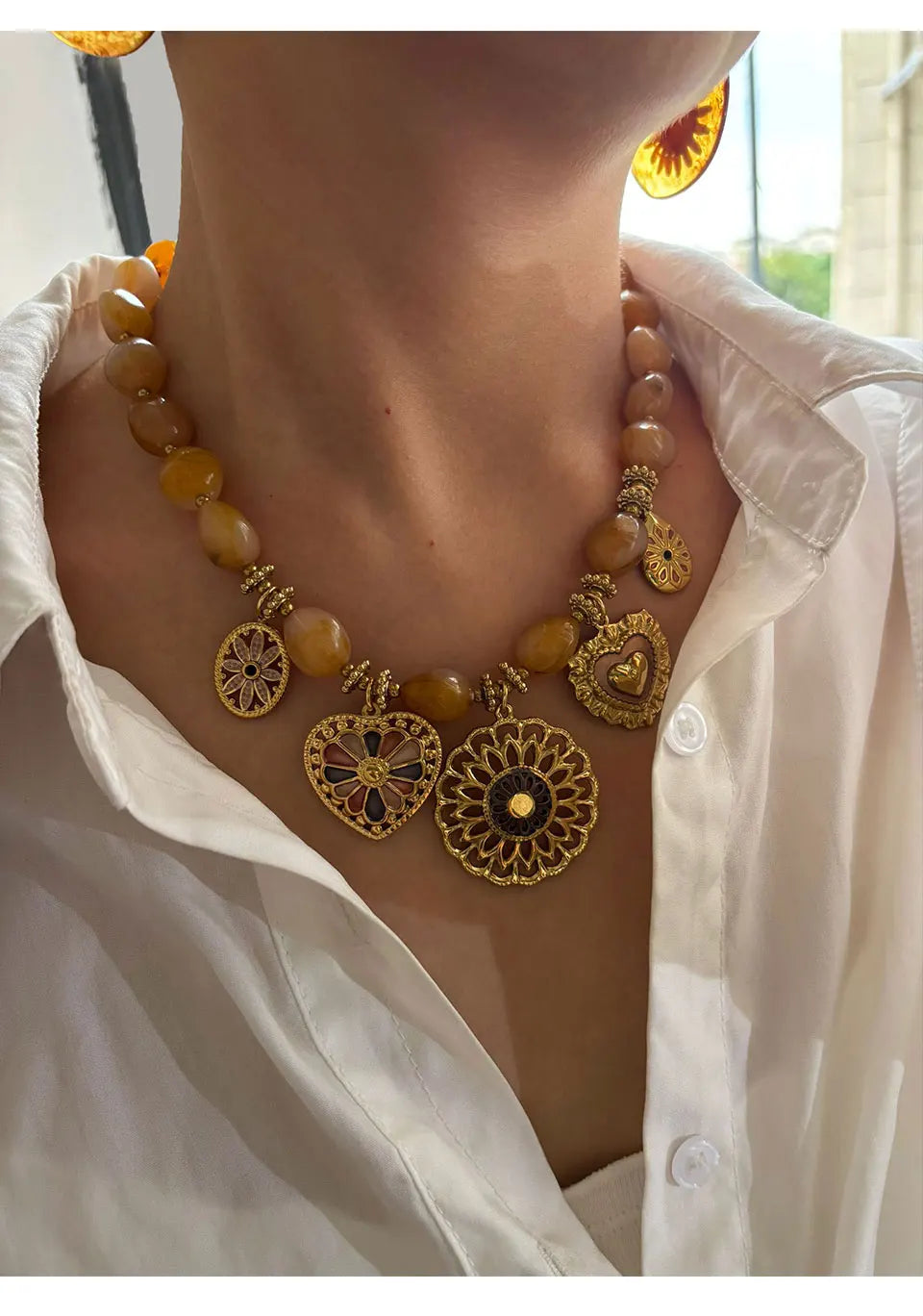 18K Gold Plated Heart Pendant Necklace | Resin Bead Chain | Women's Jewelry