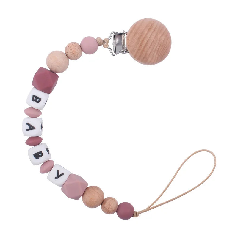 Custom Name Pacifier Holder Chain | Wooden Clip Silicone Teether | USA Australia